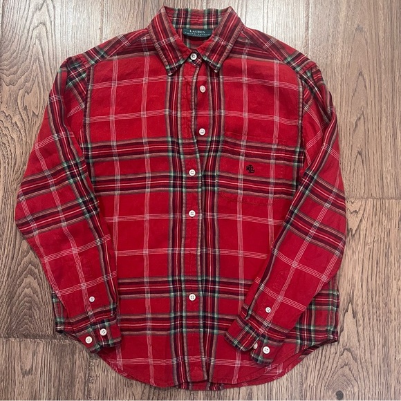 Lauren Ralph Lauren Tops - Vintage Lauren Ralph Lauren linen plaid shirt red long sleeve Size Small Holiday